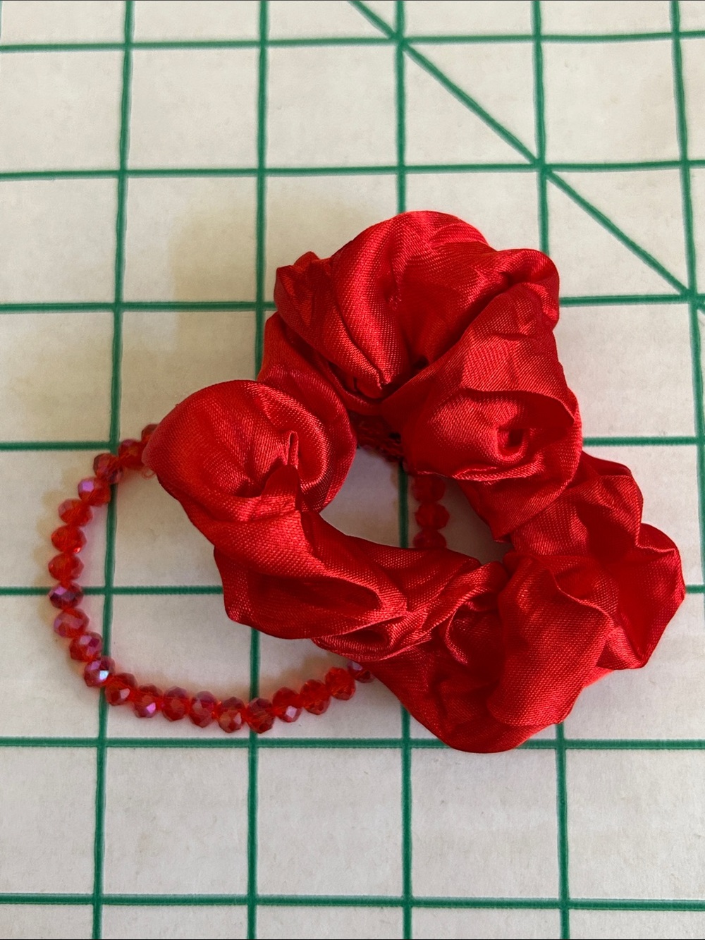 Red Satin Scrunchie Hair Tie with Beaded Bracelet